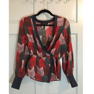 NWT BCBGMAXAZRIA Women's Contrast Trim Faux Wrap Blouse